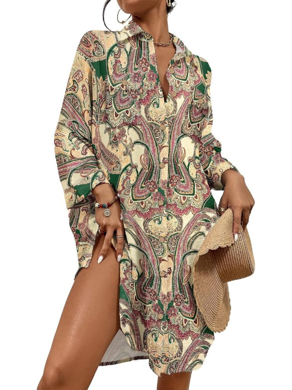 Women's Boho Floral Polyester Button Down Shirt Cover Up Beach Swimsuit Cover Up